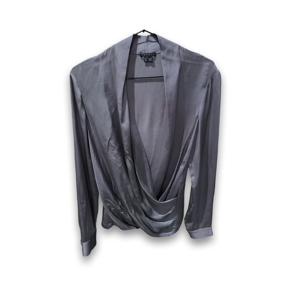 [ THEORY ] Slate Gray 100% Silk Draped Surplice Blouse : M : EUC